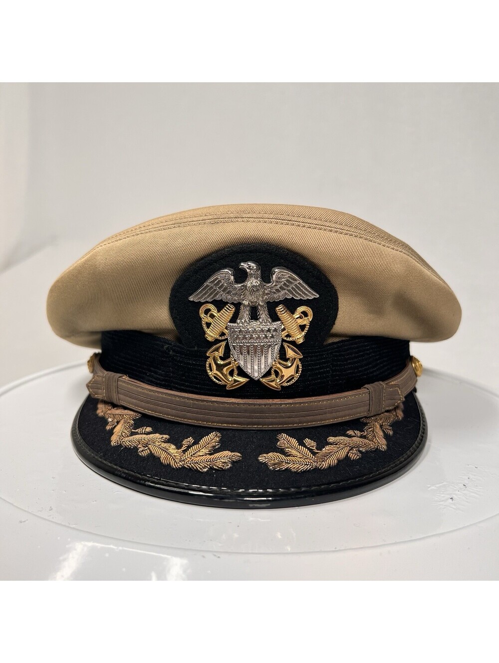 WW2 US Navy Officer Visor Cap US Navy Commander's Hat w/Cotton Khaki -Wolf-Brown